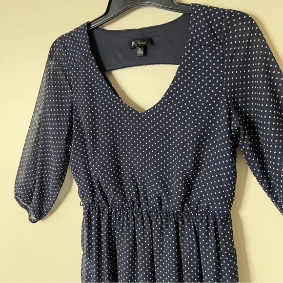 BCX 3/4 Sleeve V Neck Elastic Waist Navy White Polkadot Dress Size Medium - Picture 4 of 7